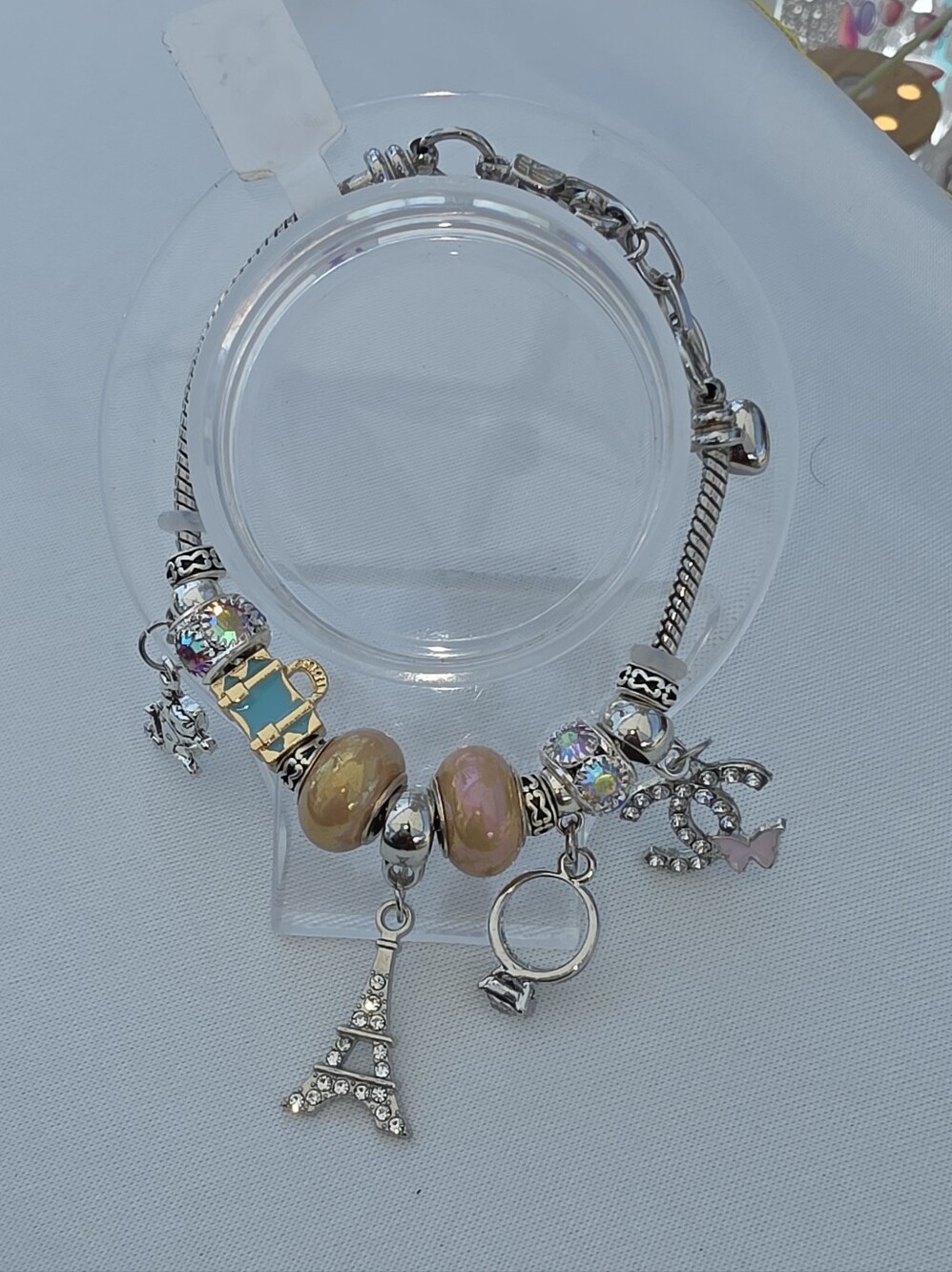 Handmade Silver Charm Bracelet with Pink and Gold Beads